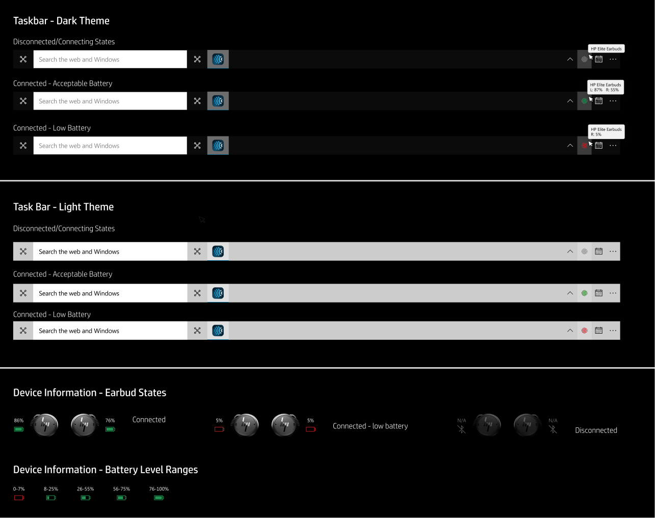 Device information state matrix showing left and right earbud battery percentages with color-coded battery icons across connected, low-battery, and disconnected states, plus a five-band battery level legend from 0-7% to 76-100%.